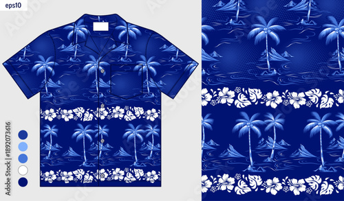 seamless pattern blue Hawaii coconut trees and white hibiscus flowers, with mountain and sea lines against a dark blue background,  summer textile, tropical mockup clothing design.