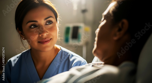 A compassionate nurse in scrubs is comforting a patient in a hospital bed
