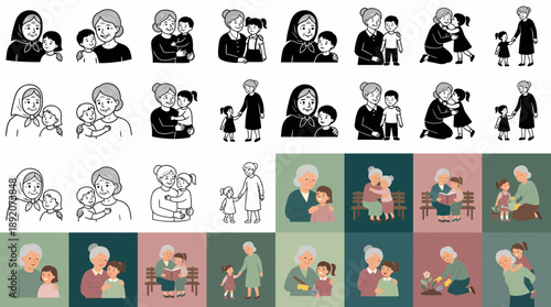 Vector illustration set of grandmothers interacting lovingly with young boys and girls, concept for family love presentations, generational connection graphics and elderly care services promotion
