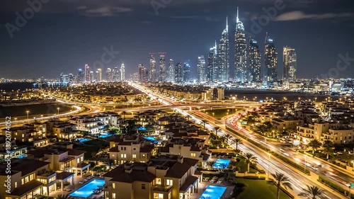 Wallpaper Mural Gleaming skyscrapers and illuminated villas with pools glow at night Torontodigital.ca
