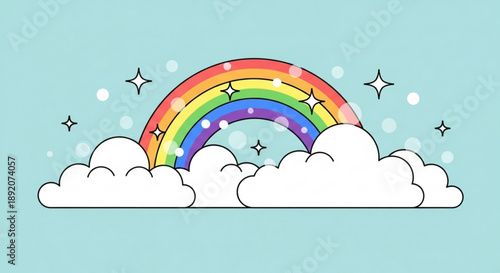 Rainbow with Stars and Clouds on Blue Background