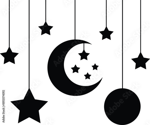 Hanging celestial mobile silhouette, stars moon circle design, black nursery decor, whimsical night theme vector illustration for peaceful ambiance