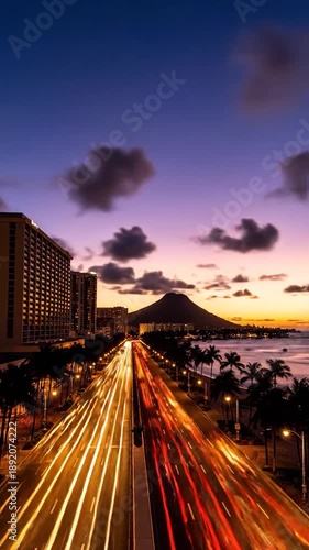 Wallpaper Mural Colorful sky above a coastal road with light trails and mountain in distance Torontodigital.ca