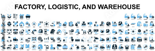Set of factory logistic and warehouse icon vector for industrial themes. Symbolizes manufacturing, shipping, and storage. Ideal for supply chain diagrams and production apps.