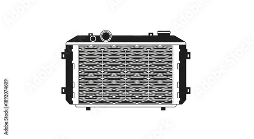 Car radiator with crisscross grill, black and white vector illustration, auto part, cooling system, automotive