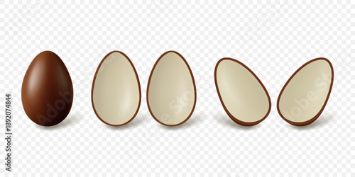 Vector 3d Chocolate Egg Set with Multiple Angles. Whole and Half Shell Candy Mockup, Isolated. Sweet Dessert Template for Easter, Packaging and Branding Design