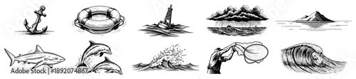 Set of nautical sea elements and marine animals in hand drawn engraving style