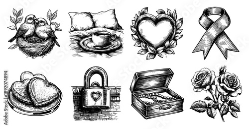 Romantic vintage illustration set for wedding and valentines day featuring hearts birds and roses in engraving style