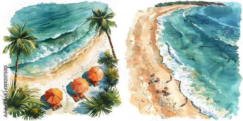 top view beach watercolor vector illustration