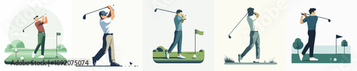 A man is playing golf in a simple and minimalist flat design vector style
