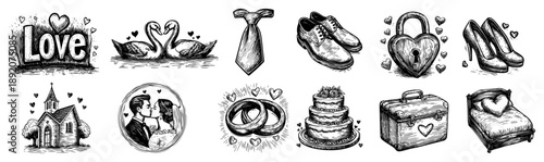 Hand drawn vintage wedding and honeymoon collection featuring bride groom and swans in engraving style