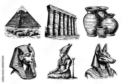 Ancient Egypt historical collection featuring pyramids pharaoh and gods in engraving style