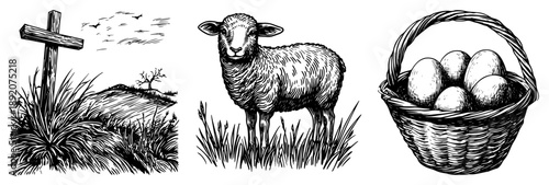 Religious Easter sketches showing cross lamb and egg basket in vintage style