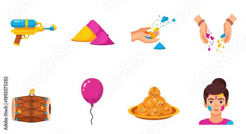 Colorful Holi Celebration with Water Gun, Powder, and Smiling Woman