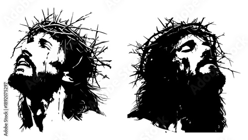 Silhouette portrait of Jesus Christ wearing a crown of thorns in grunge stencil style