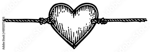 Vintage hand drawn heart tied with knotted rope in engraving style