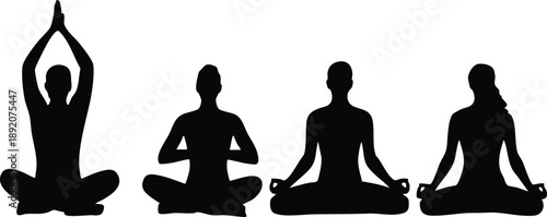 Group of Figures Practicing Seated Mindfulness Meditation, Silhouettes of People in Meditative Yoga Poses, vector, illustration, silhouette.