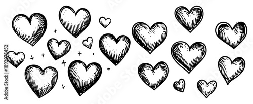 Collection of hand drawn heart sketches and love symbols for valentines day