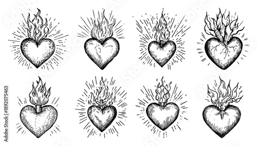 Vintage sacred heart illustrations with flames and sunburst rays in engraving style
