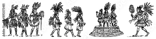 Historical illustration of ancient aztec or mayan people in traditional dress