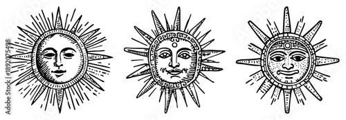 Set of decorative sun faces with rays in vintage engraving style