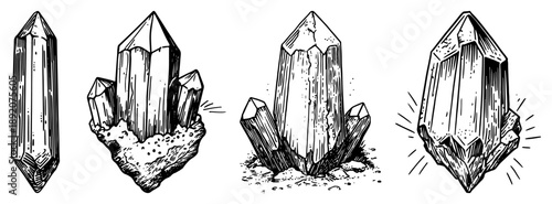 Hand drawn vintage crystal and gemstone collection in engraving style