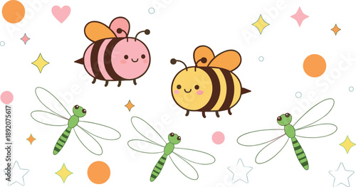 Cute bees and dragonflies cartoon illustration set kawaii insects with hearts and stars