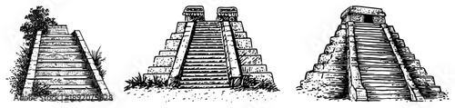 Ancient mayan or aztec pyramid stairs collection in engraving style
