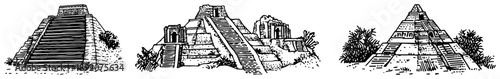 Historical aztec and mayan pyramid temples in vintage engraving style