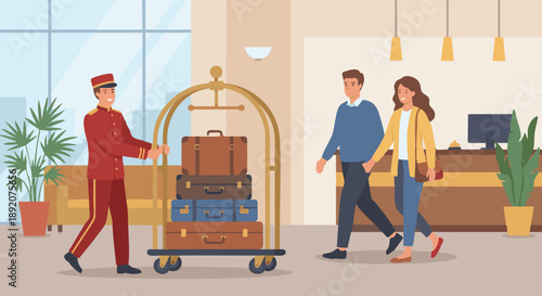  Bellboy Carrying Luggage
A flat vector illustration of a bellboy carrying guests’ luggage using a luggage cart. Suitcases neatly stacked. Hotel lobby background. 