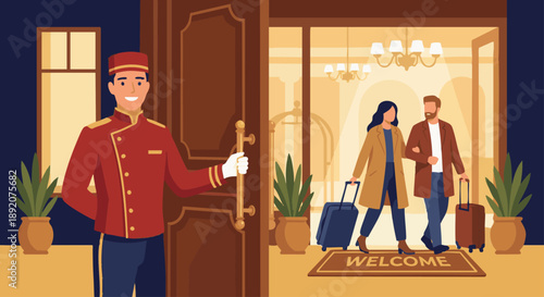 Bellboy Opening Hotel Door
A flat vector illustration of a bellboy opening a large hotel door for arriving guests. Elegant entrance and warm lighting visible. 