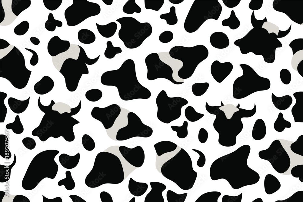 Fototapeta premium Seamless pattern of black and white cow spots with bull silhouettes