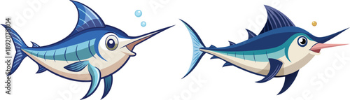 Cute cartoon swordfish illustrations set against a plain white background for design projects