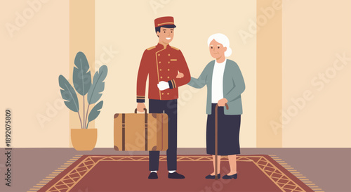 Bellboy Assisting Elderly Guest
A flat vector illustration of a bellboy helping an elderly guest with luggage. Gentle and respectful interaction. Flat vector style, caring hospitality tone.