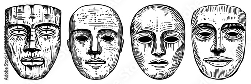 Collection of ancient tribal stone masks and carved faces