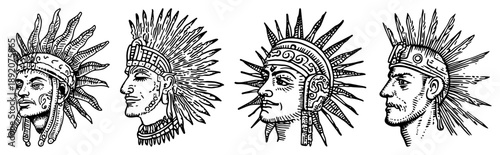 Portraits of native warriors with traditional feathered headdresses