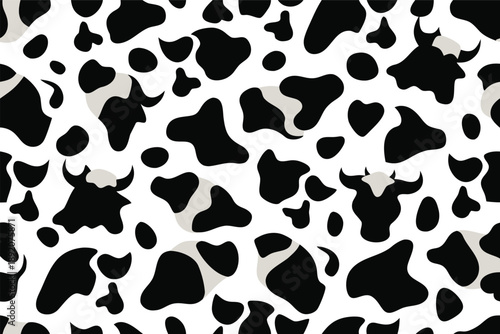 Seamless pattern of black and white cow spots with bull silhouettes