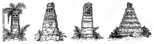 Set of ancient stone ruins and totem poles with pyramid in engraving style