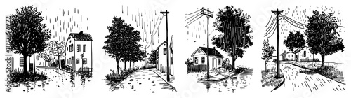 Rainy day street scenes with houses and trees in sketch style