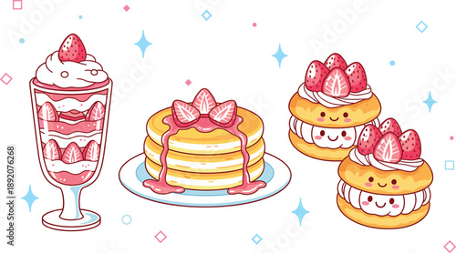Cute strawberry desserts illustration set with pancakes cake parfait and pastry kawaii sweets