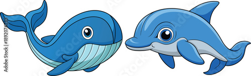 An adorable cartoon illustration of a friendly blue whale and a blue dolphin swimming together