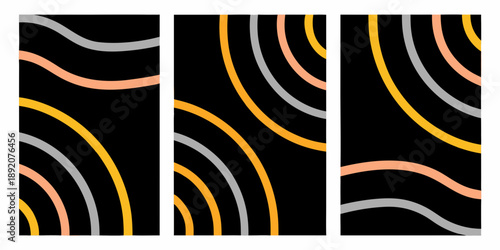 Abstract triptych featuring curved lines in black gold gray and peach