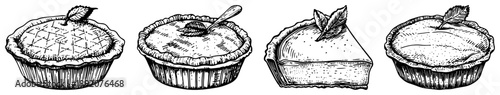 Hand drawn sweet dessert pie and cake collection in vintage engraving style