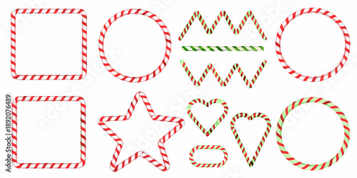 Candy cane shapes squares stars hearts and circles in red and green