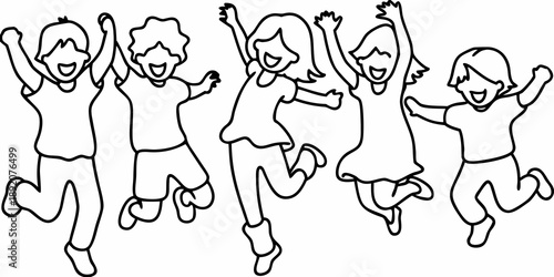 Joyful children leaping and celebrating with arms raised high