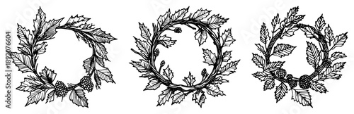 Set of three decorative floral wreaths with leaves and berries