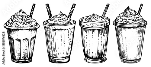 Set of sweet milkshake drinks with whipped cream and straws in sketch style