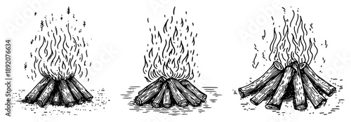 Set of three campfire sketches showing burning wood logs in engraving style