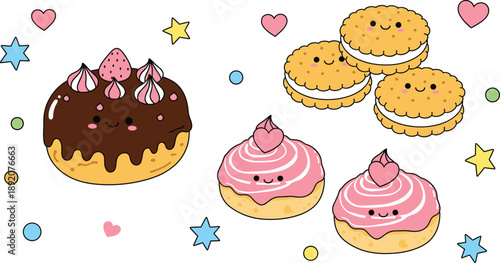 Cute bakery desserts cartoon illustration with donuts cupcakes and sandwich cookies kawaii sweets