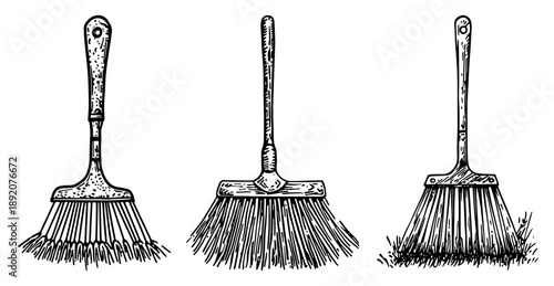 Set of garden rake and broom sketches for cleaning leaves